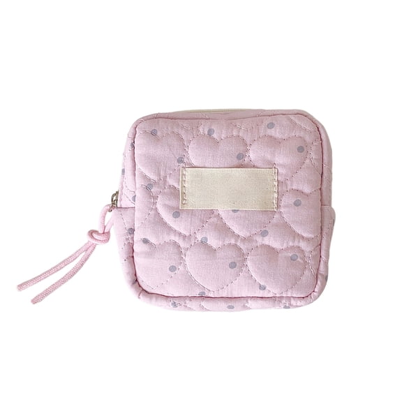Feledorashia Sanitary Napkin Storage Bag, Portable Period Pouch, Heart Dots Fabric Mini Organizer, Compact Small Squares Makeup Purse with Double Zipper and Soft Quilted Design