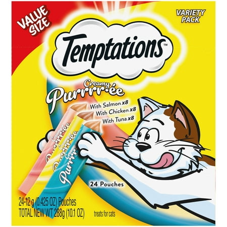 TEMPTATIONS Creamy Puree Chicken  Salmon  and Tuna Lickable Cat Treats Variety Pack  (24) 12g Pouches