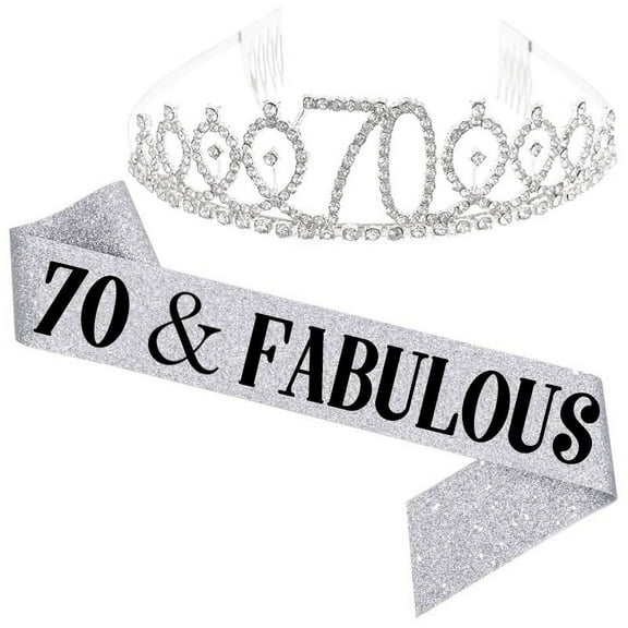 TY"70 and Fabulous" Sash & Rhinestone Tiara Set - 70th Birthday Sash 70 Birthday Gifts Party Favors,silver