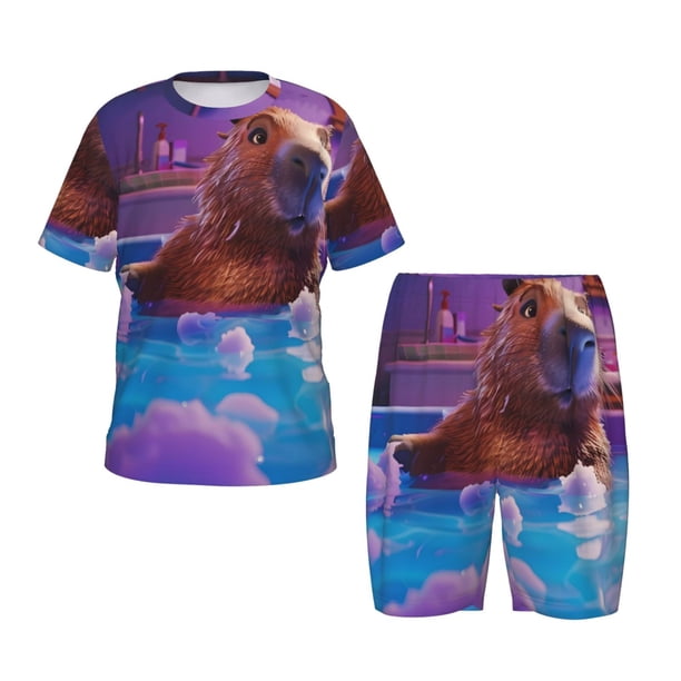 Balery Capybara Bathtub Fun Conjunto de Pijama Infantil de Manga Corta con Estampado – Ropa de Dormir de Algodón Suave-XX-Large