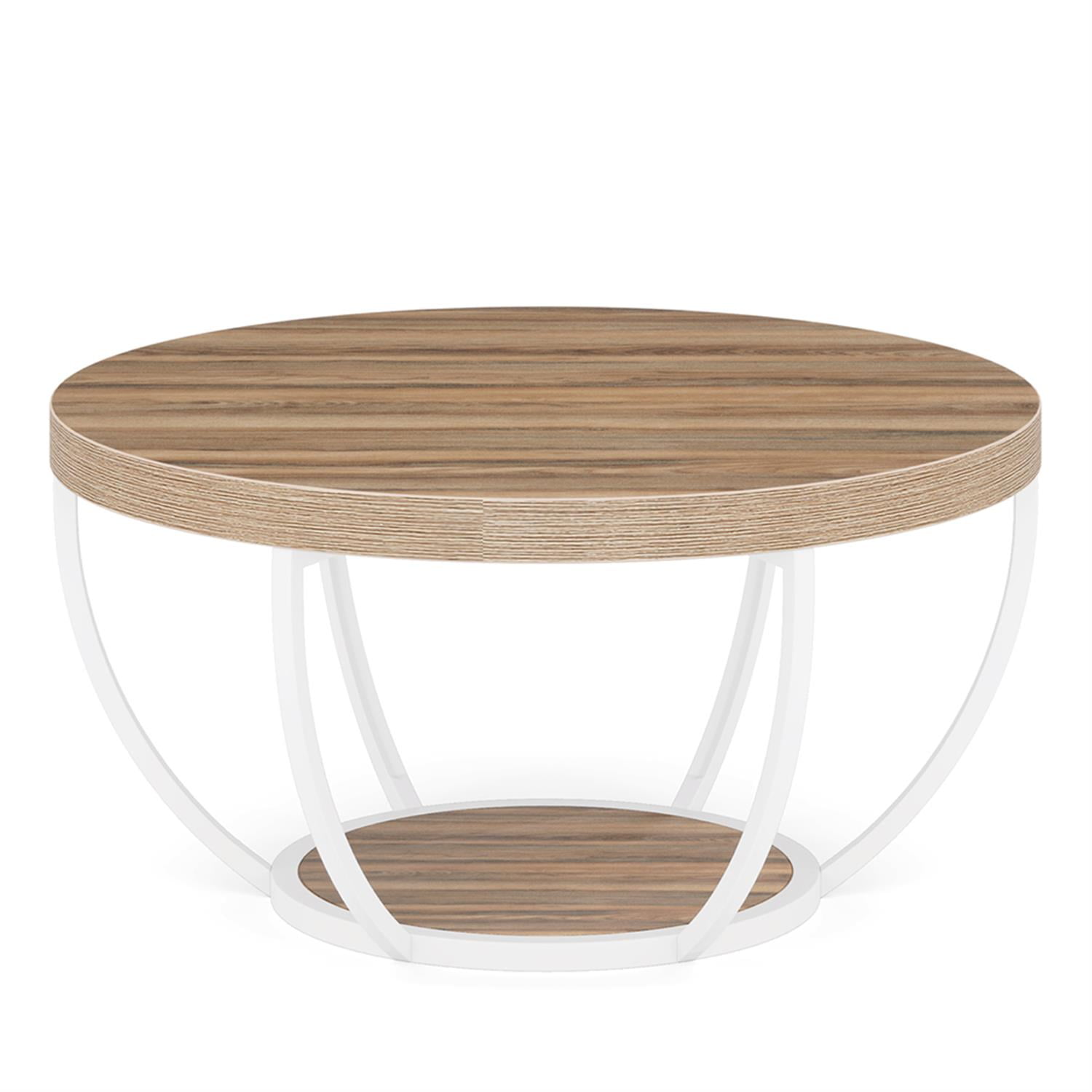 Demi Bonn Wooden Coffee Table, 2-Tier Round Central Cocktail Table with Shelves for Living Room, Brown