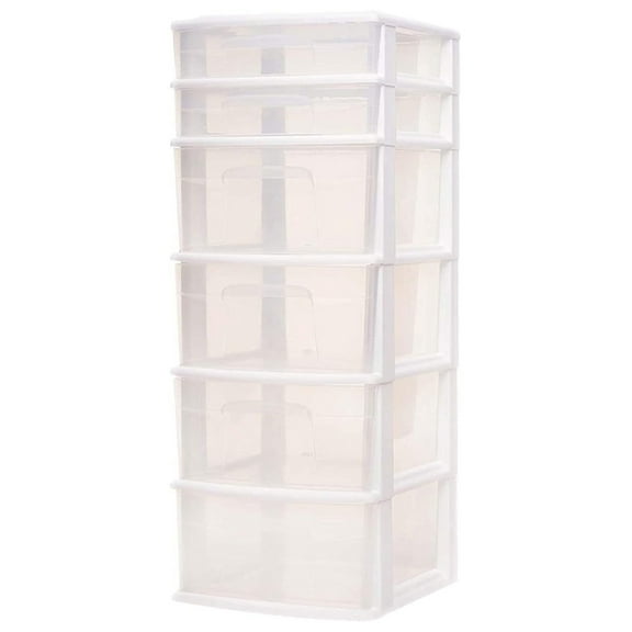 Drawer Tower, 6-Tier Clear Plastic Storage Organizer Cart, White Frame - Heavy-Duty Organizing Drawers for Home, Bedroom, and Closet Organization