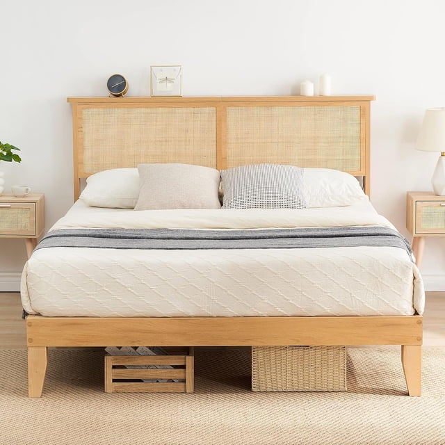 Ourlova King Size Bohemian Platform Bed Frame with Rattan Storage Headboard Adjustable LED Lights Solid Wood Support No Box Spring Needed Noise Free