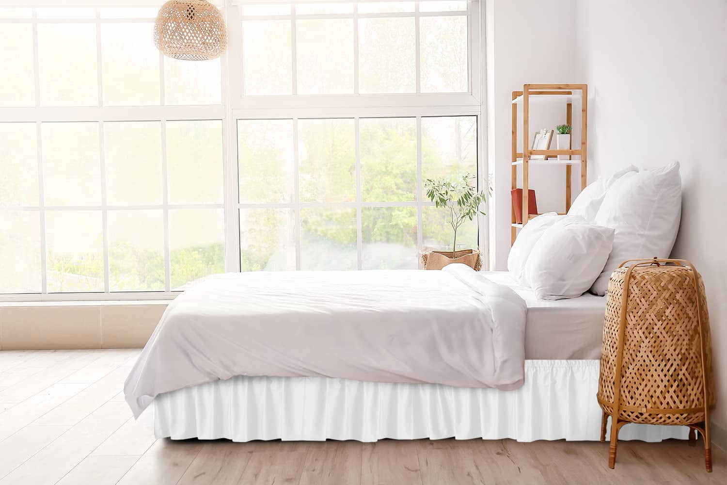 CGK Linens Wrap Around Dust Ruffle Bed Skirt - For Queen Size Bed With 15 Inch Drop, Easy Fit Elastic Strap - Pleated Bedskirt, White