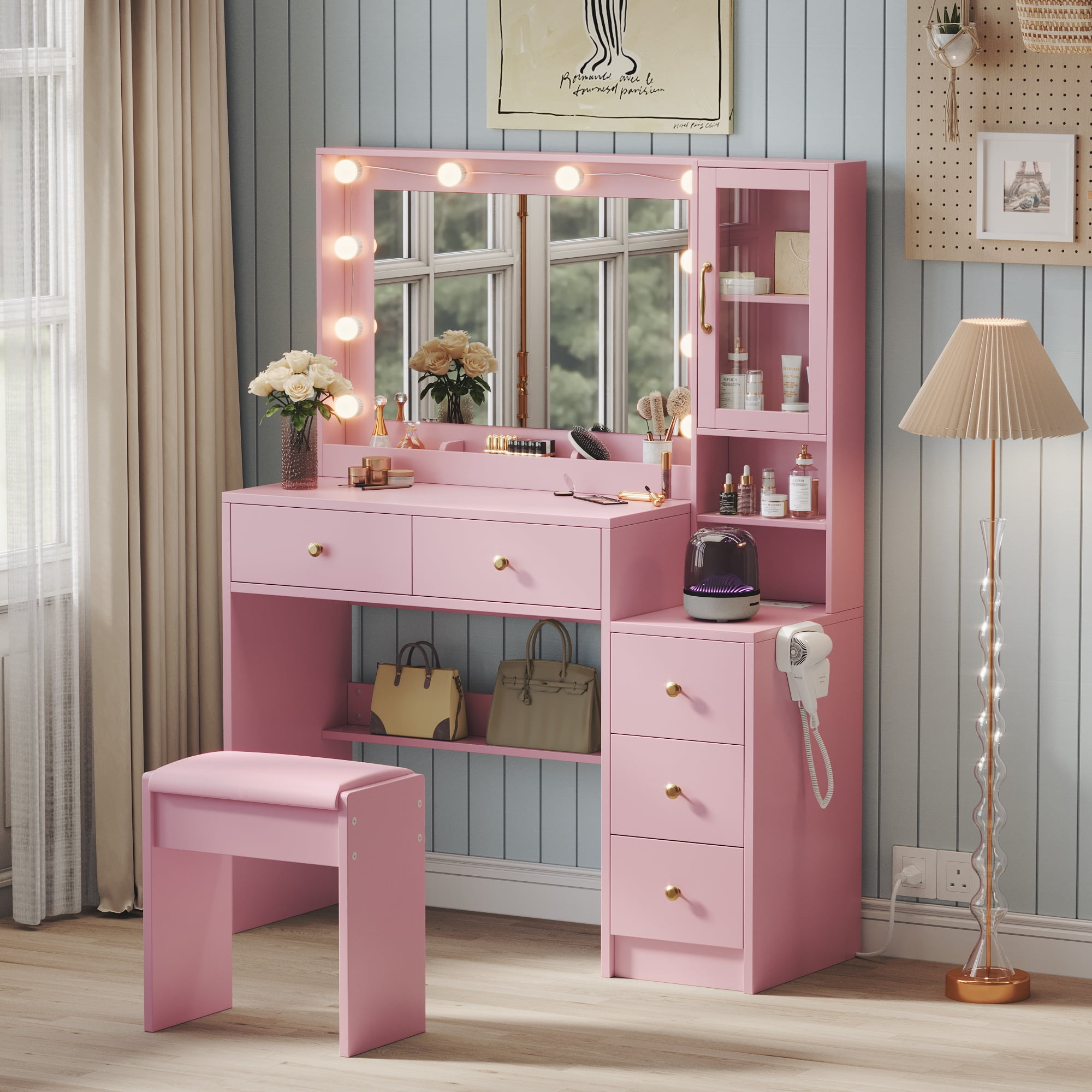 TOKSOM Pink Vanity Desk with Mirror and Lights, Cute Makeup Vanity with Charging Station & 5 Drawers, Acrylic Cabinet Dressing Table with Stool, Gift for Girls & Teens