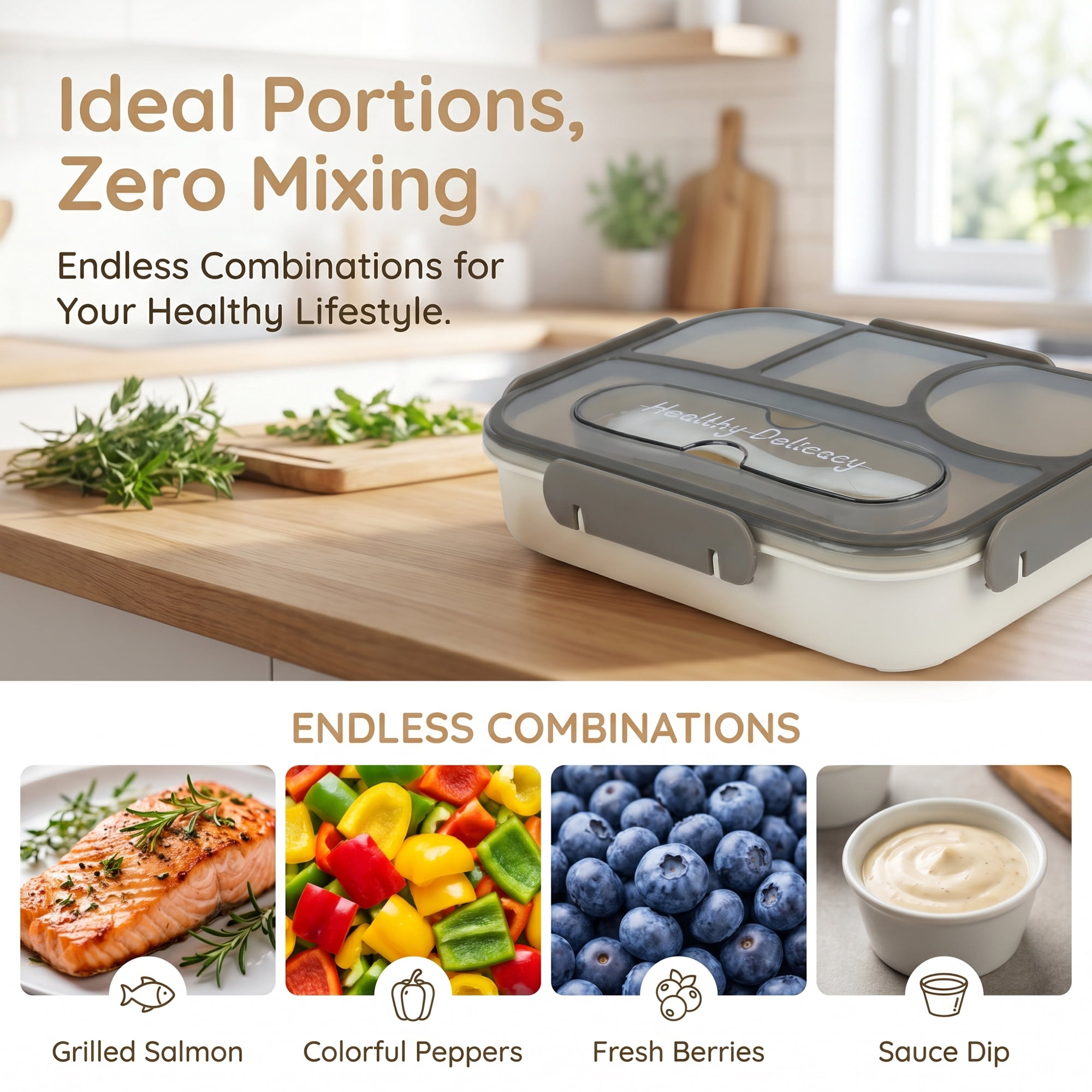 Unique Bargains Bento Lunch Box with Built-in Cutlery Slot for Work Travel Gray-2