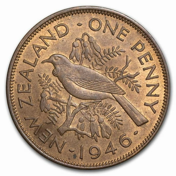 1940-1947 New Zealand Bronze 1 Penny Tui Bird George VI BU R/B