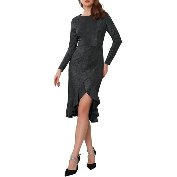 INSPIRE CHIC Women's Glitter Party Dress Crew Neck Long Sleeve Ruffles High Low Split Dress S Black