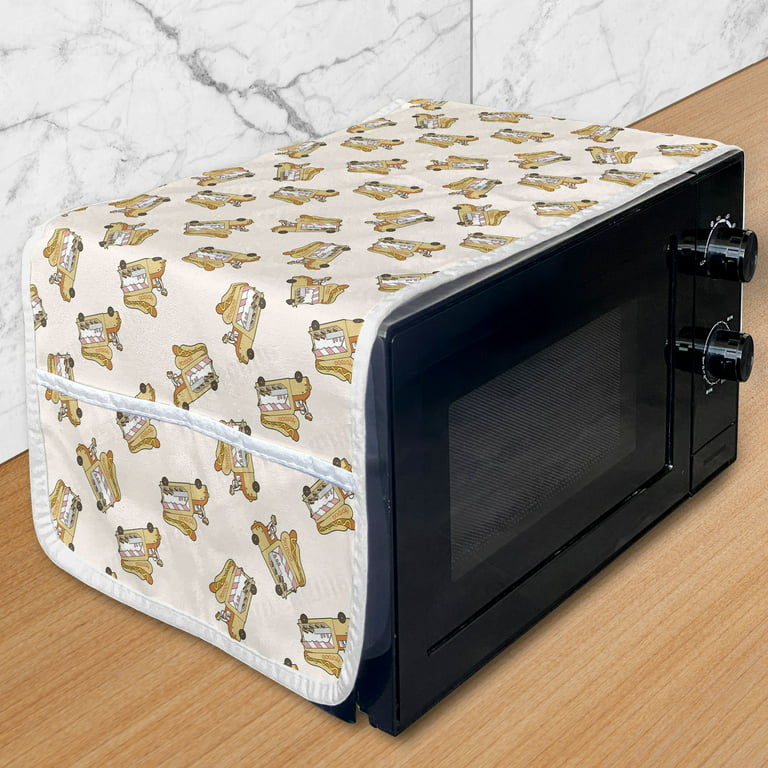 Hot Dog Microwave Oven Cover, Cartoon of Fast Food Truck Van with Salesman Shop Car Pattern Pastel Backdrop, Water Resistant Organizer with Pockets