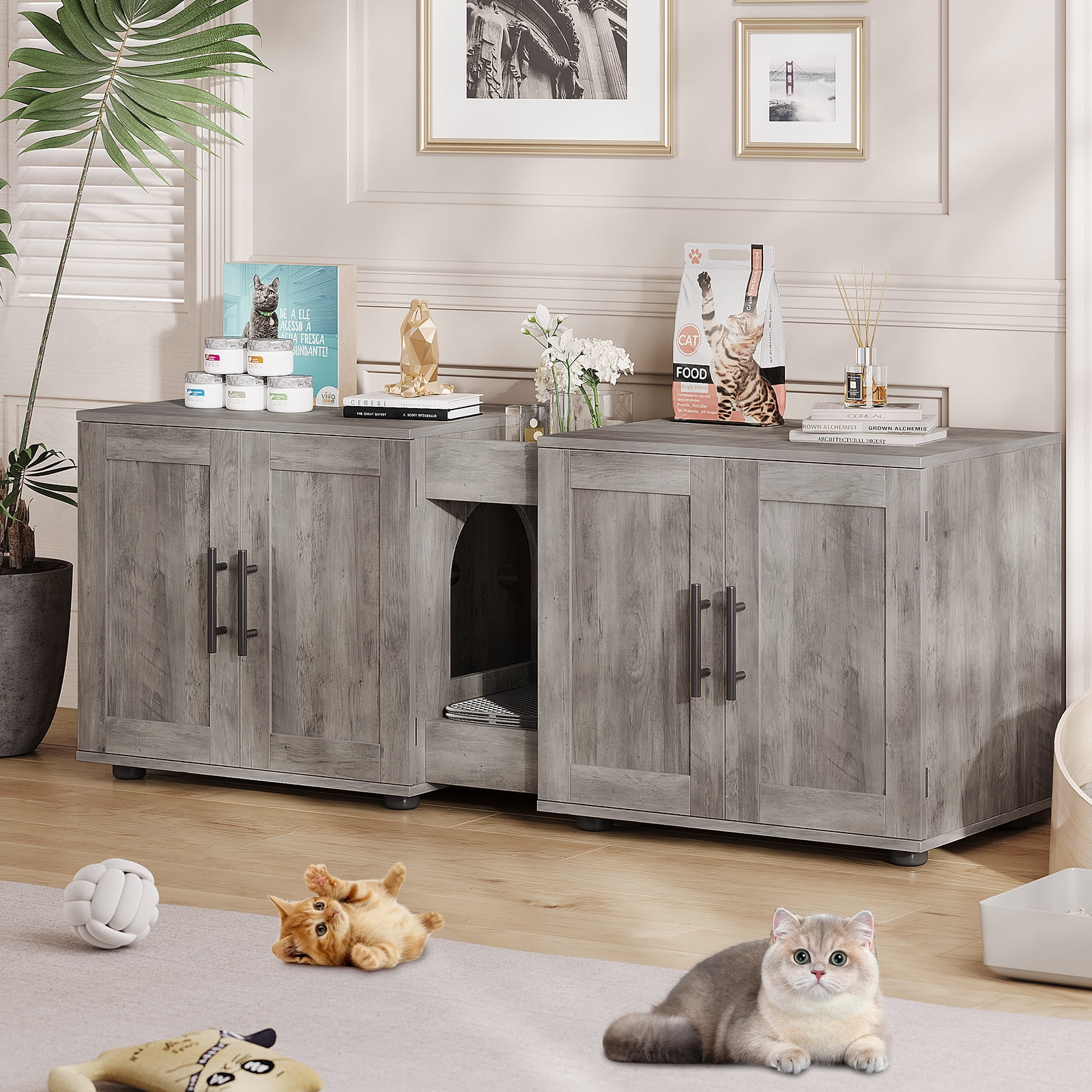 3-in-1Cat Litter Box Enclosure, 55 Inch Large Cat Box Enclosure with Double Rooms, Farmhouse Wooden Cat Washroom, Hidden Litter Box Furniture for Bedroom Living Room