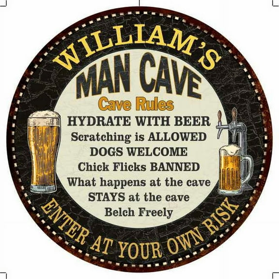WILLIAM'S Man Cave Rules 14" Round Metal Sign Garage Wall Decor 100140010454