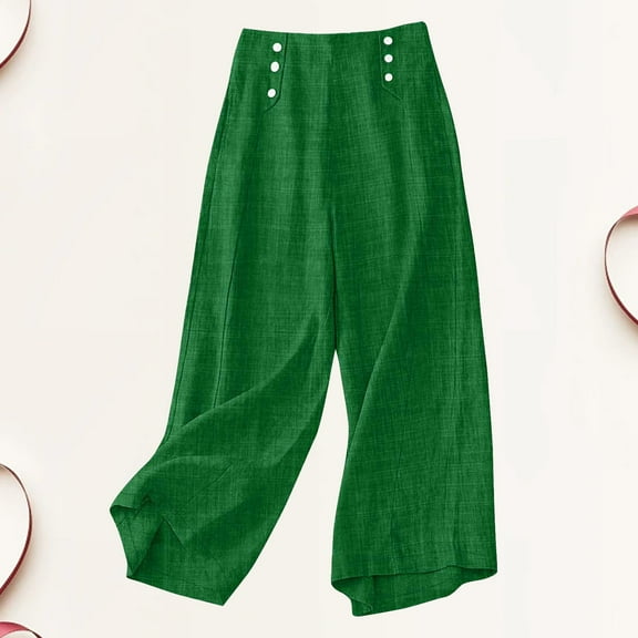 Stephy Linen Pants for Women Culottes Capris Wide Leg Palazzo Boho Pants Trousers, Green, 3XL
