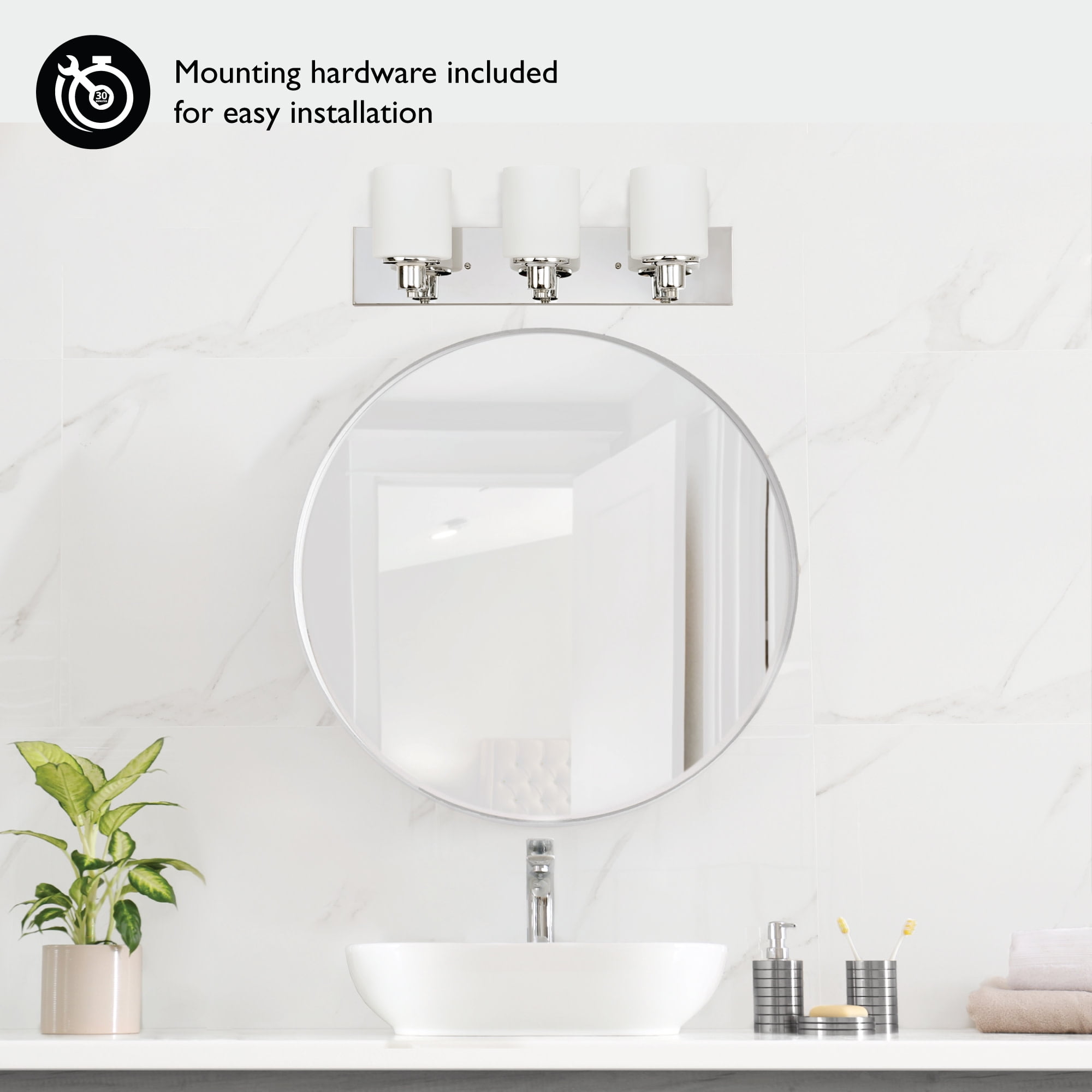 Dane 3-Light Vanity Light, Polished Chrome Finish, Frosted Glass Shades, Dimmable, Bathroom Wall Fixture – Design House, WM758747