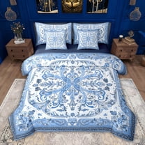 Feelyou Vintage Damask Flower Bedding Comforter Set 7 Pieces, Blue Tribal Bohemian Full Bedding Set, Mandala Paisley Style Reversible Fitted Sheet Flat Sheet, Lightweight Room Decor