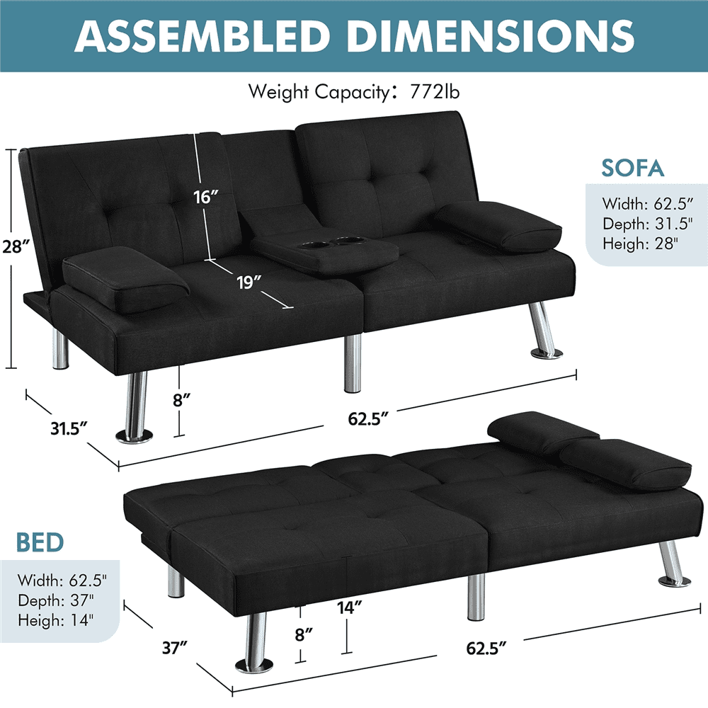Renwick Fabric Upholstered Convertible Futon Sofa Bed with Cup Holders and Pillows, Black
