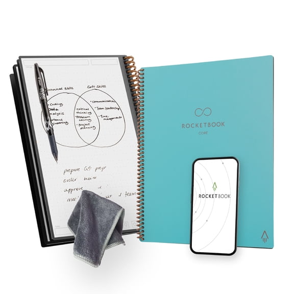 Rocketbook Core Reusable Smart Notebook, Letter 8.5" x 11", Teal, Dot Grid Pages, Cloud Connected Erasable Spiral Notebook