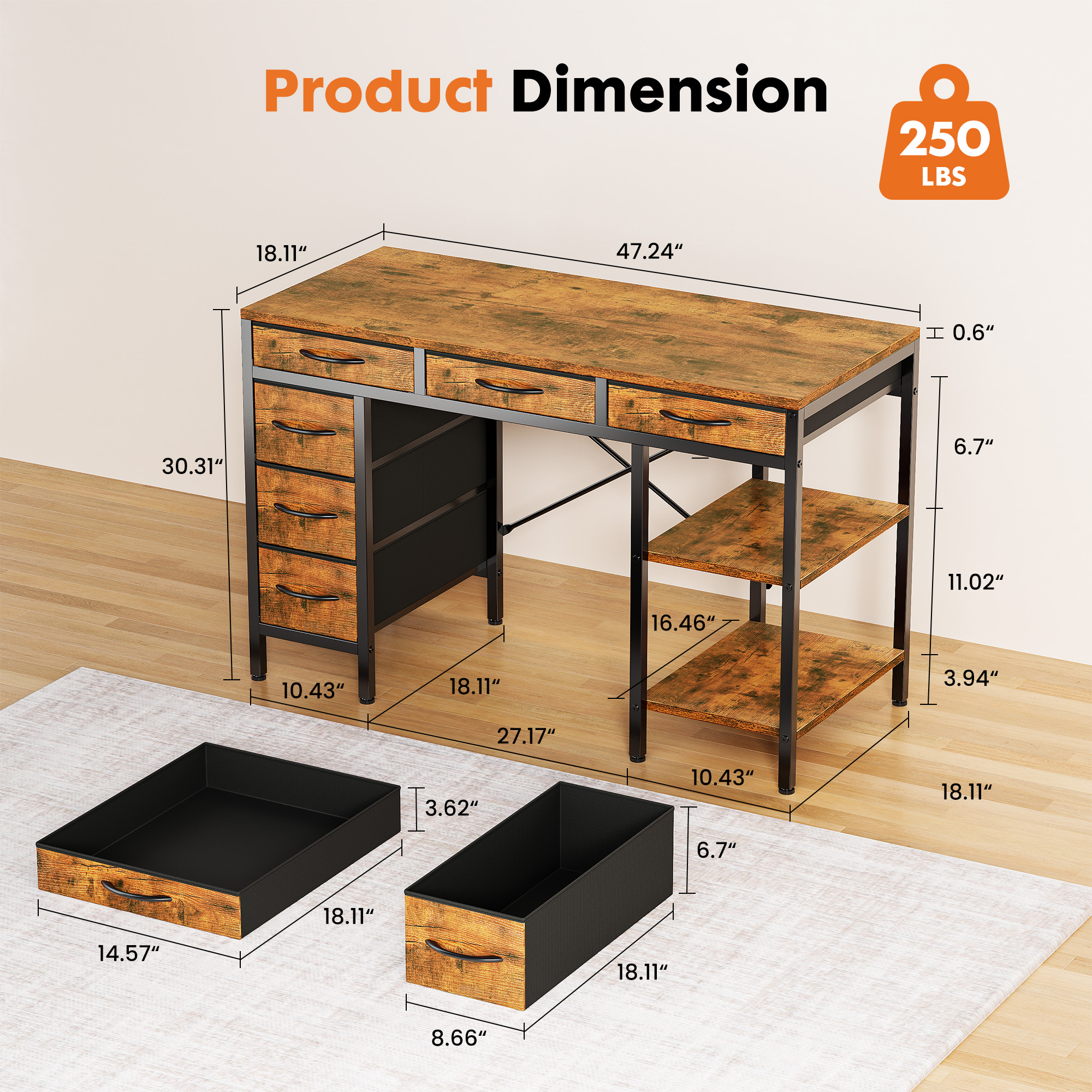 MCQ 47 Inch Computer Desk include 6 Drawers with 2 Empty Shelves, Rust