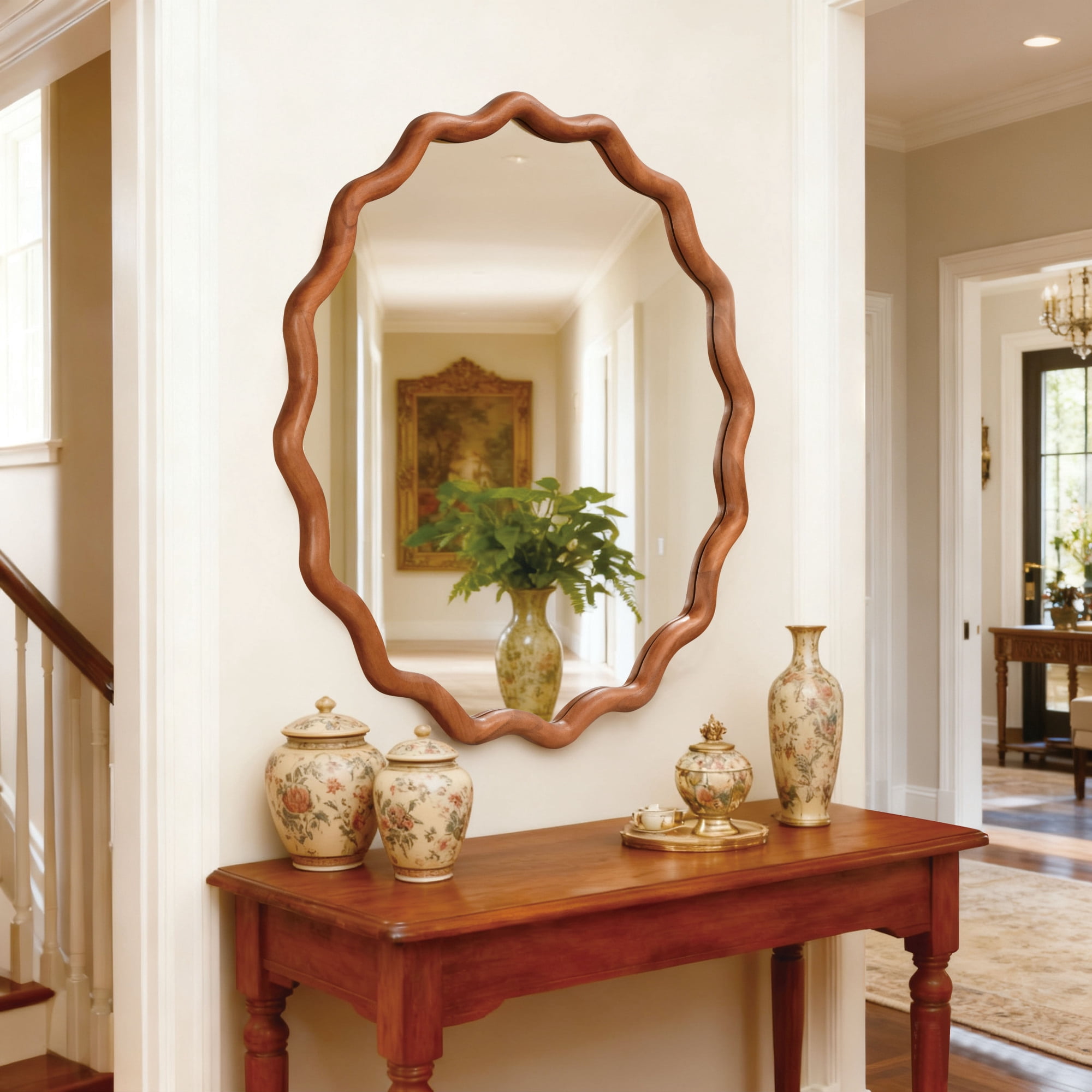 Leumius 30" Wavy Round Mirror, Solid Wood Frame Decorative Mirror for Bedroom Bathroom Living Room Entryway Brown