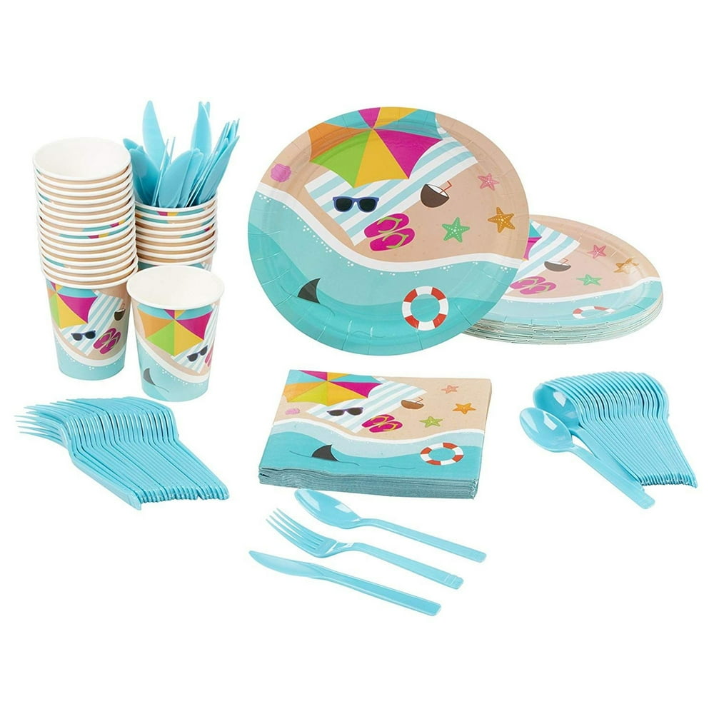 Serves 24 Summer Beach Party Supplies, 144PCS Plates Napkins Cups