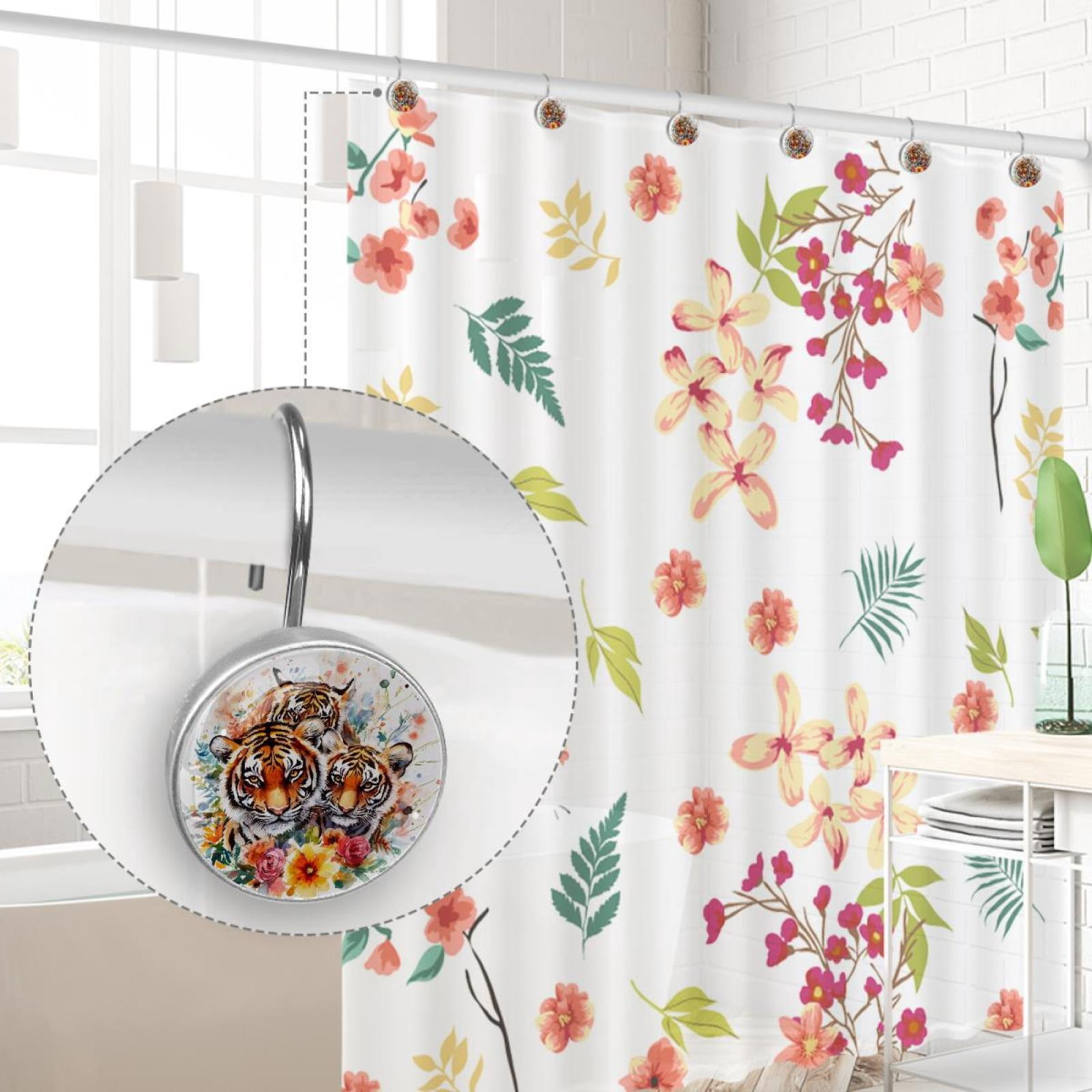 Watercolor Tigers Family Shower Curtain Hooks Round Crystal Glass, Set of 12 Shower Curtain Rings - Shower Hooks for Curtain Shower Rings