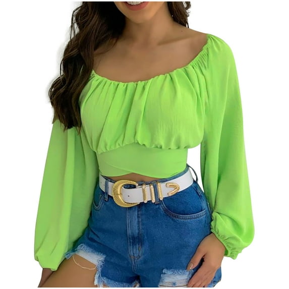 hgsbede Crop Tops for Women Boat Neck Puff Sleeve Solid Color Shirt Top Blouse