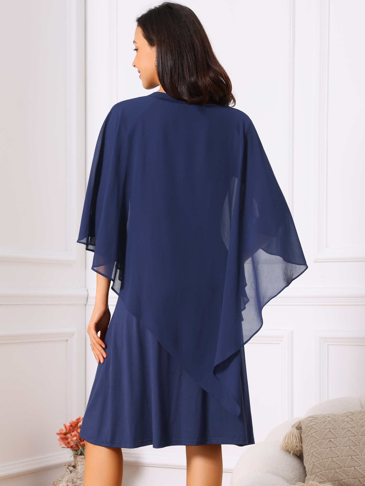 DARING DIVA 3/4 Sleeve V Neck Chiffon Cape Overlay Knee Length Dress S Dark Blue