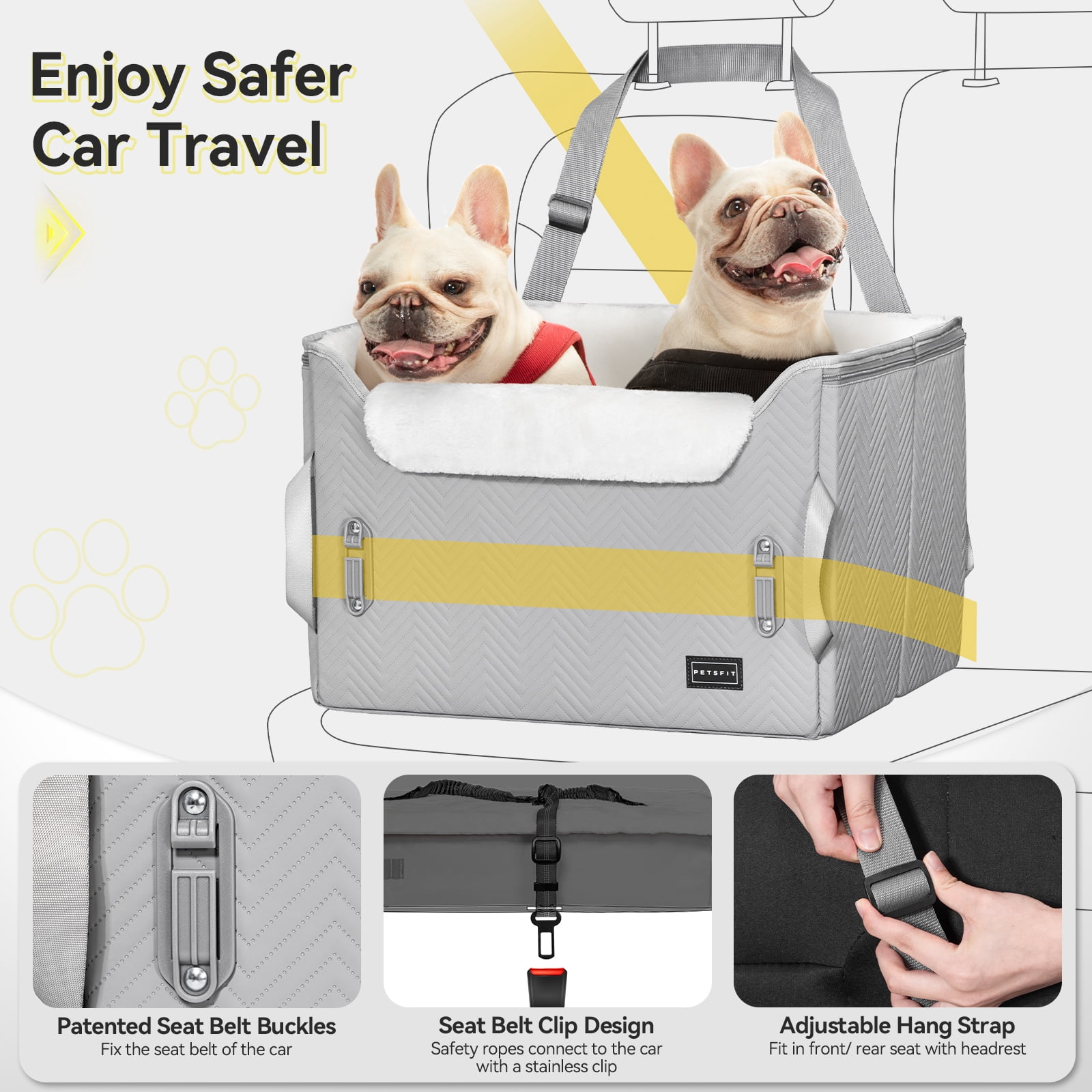 PETSFIT Dog Booster Car Seat, Waterproof PU Leather Car Seat for Dogs with Patented Safe Buckles, 2 Clip-On Safety Leashes, Grey