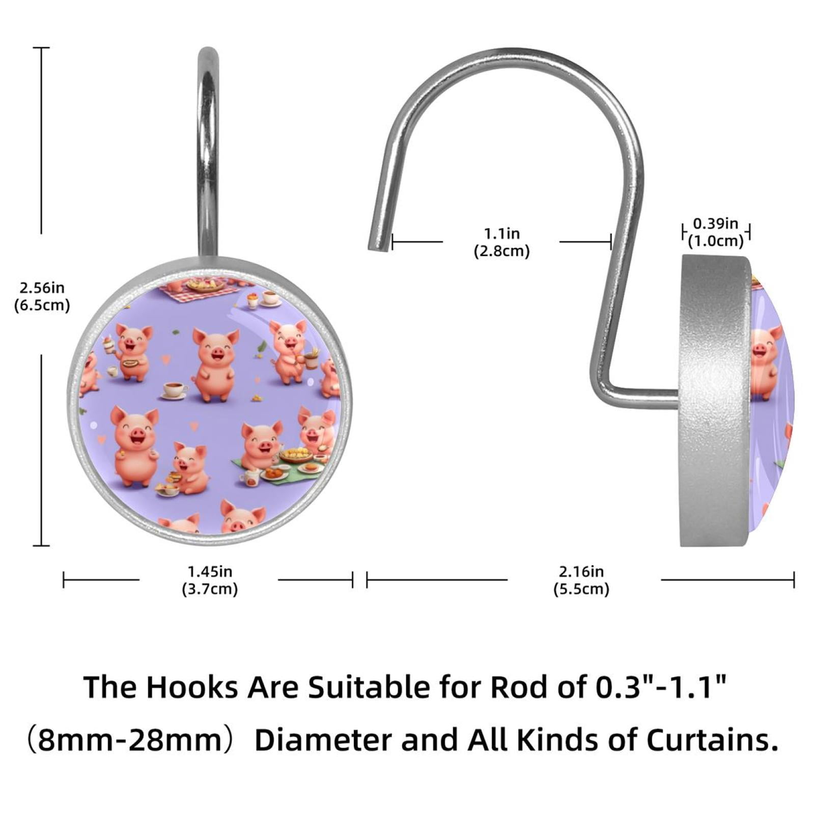 12pcs Decorative Shower Curtain Hooks, Rust Resistant Shower Rings for Bathroom Living Room,Rustproof Stainless Steel Rings for Shower Curtain and Liner Rods,Happy Pigs Picnic
