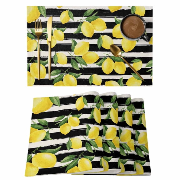 Yellow Lemons Placemats Set of 8, Summer Citrus Fruits Leaves Black Stripes Placemats for Dining Table, Place Mats for Kitchen Tabletop, Waterproof Wipeable Dining Table Mats Set