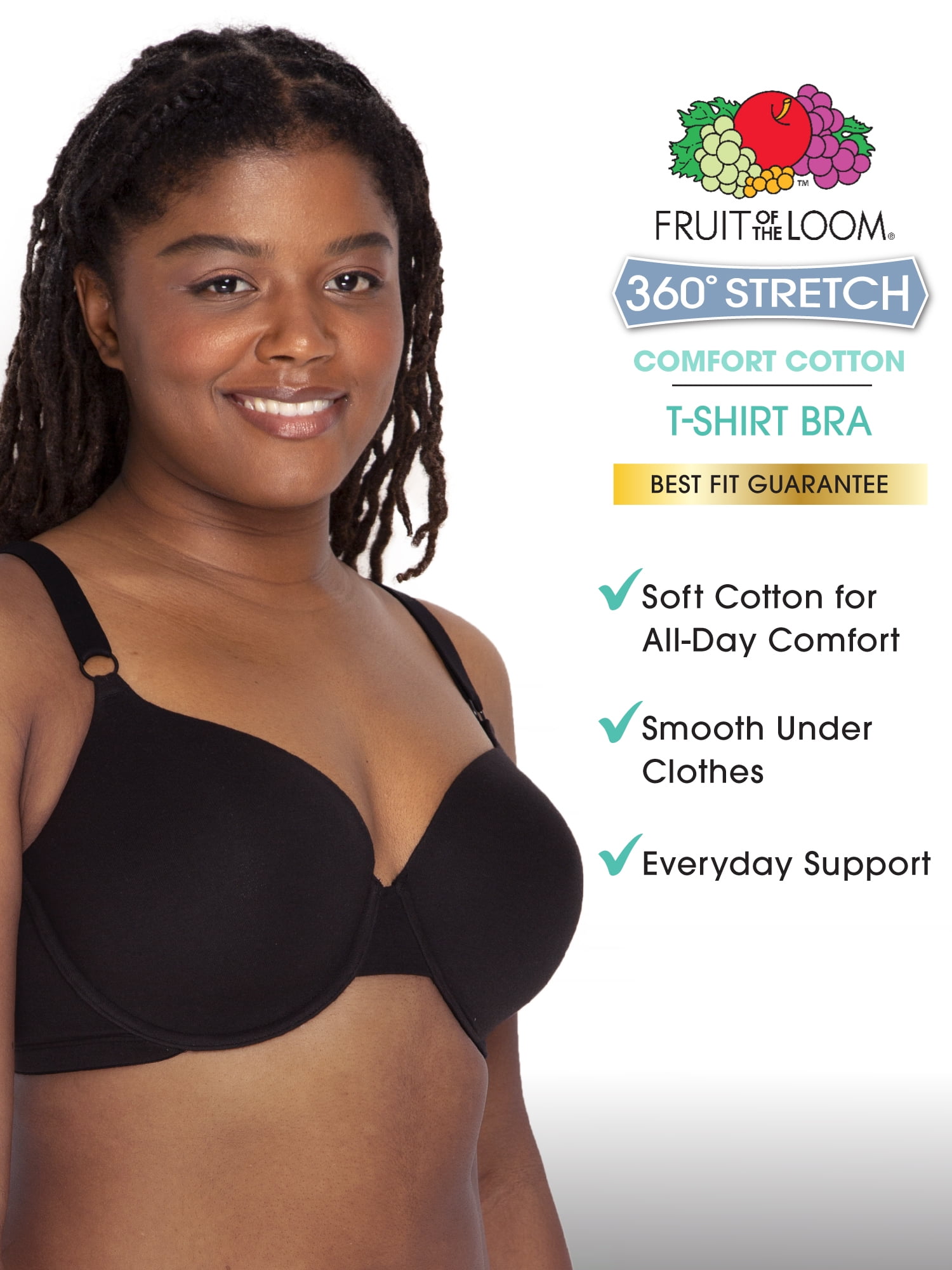Fruit of the Loom Women's Cotton T-Shirt Bra, 2-Pack, FT797PK, Sizes 34A-42DD