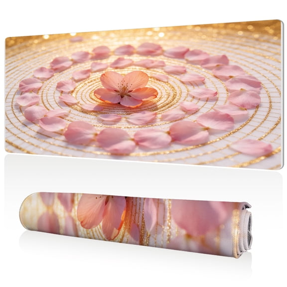 LIVEKEY XXL Mouse Pad Pink Cherry Blossom Golden Spiral Design 80x40cm Non Slip Durable Easy Clean Stitched Edges Full Desk Coverage for Gaming Office