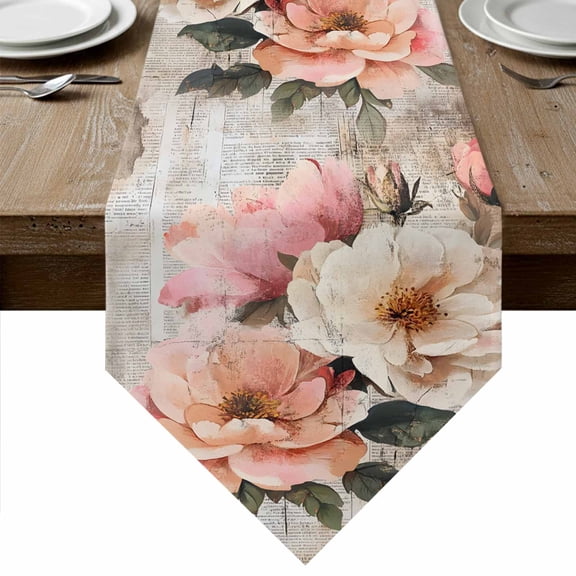 Pink Spring Floral Table Runner Linen Burlap Table Runner 108 Inches Long Vintage Pastoral Flowers Summer Botanical Dresser Scarves for Kitchen Island Coffee Dining Party Holiday Decor 13"x108"