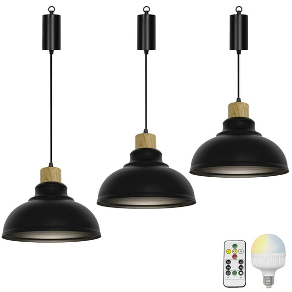 FSLiving Pendant Light with Rechargeable Battery Operated LED Bulb RGB Mode Dimmable Timing Lamp Adjustable Wire Length Hanging Light Vintage Black Metal Shade E26 Wooden Base for Depot - Set of 3
