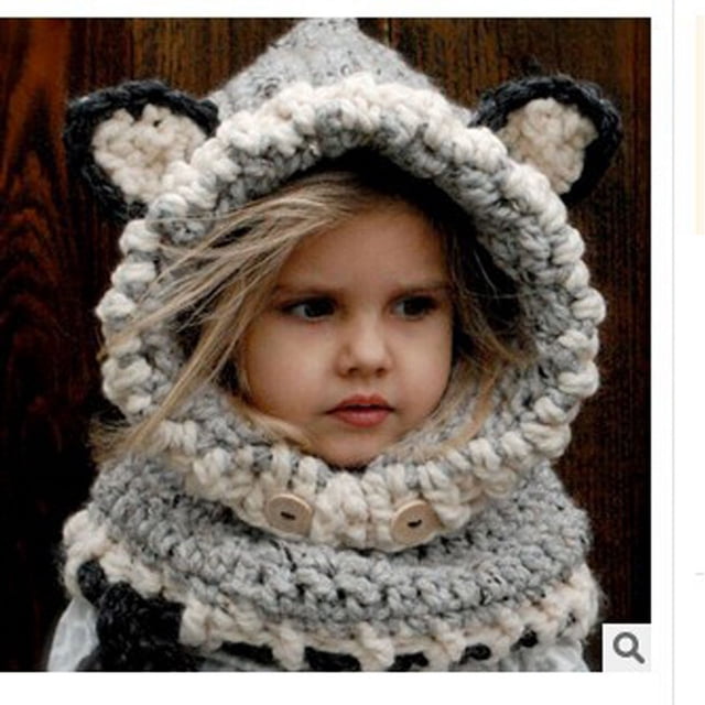 Gorro de zorro gris de lana gruesa Gorro de zorro tejido a mano para niños Gorro de dinosaurio Gorro con cuello de gato negro