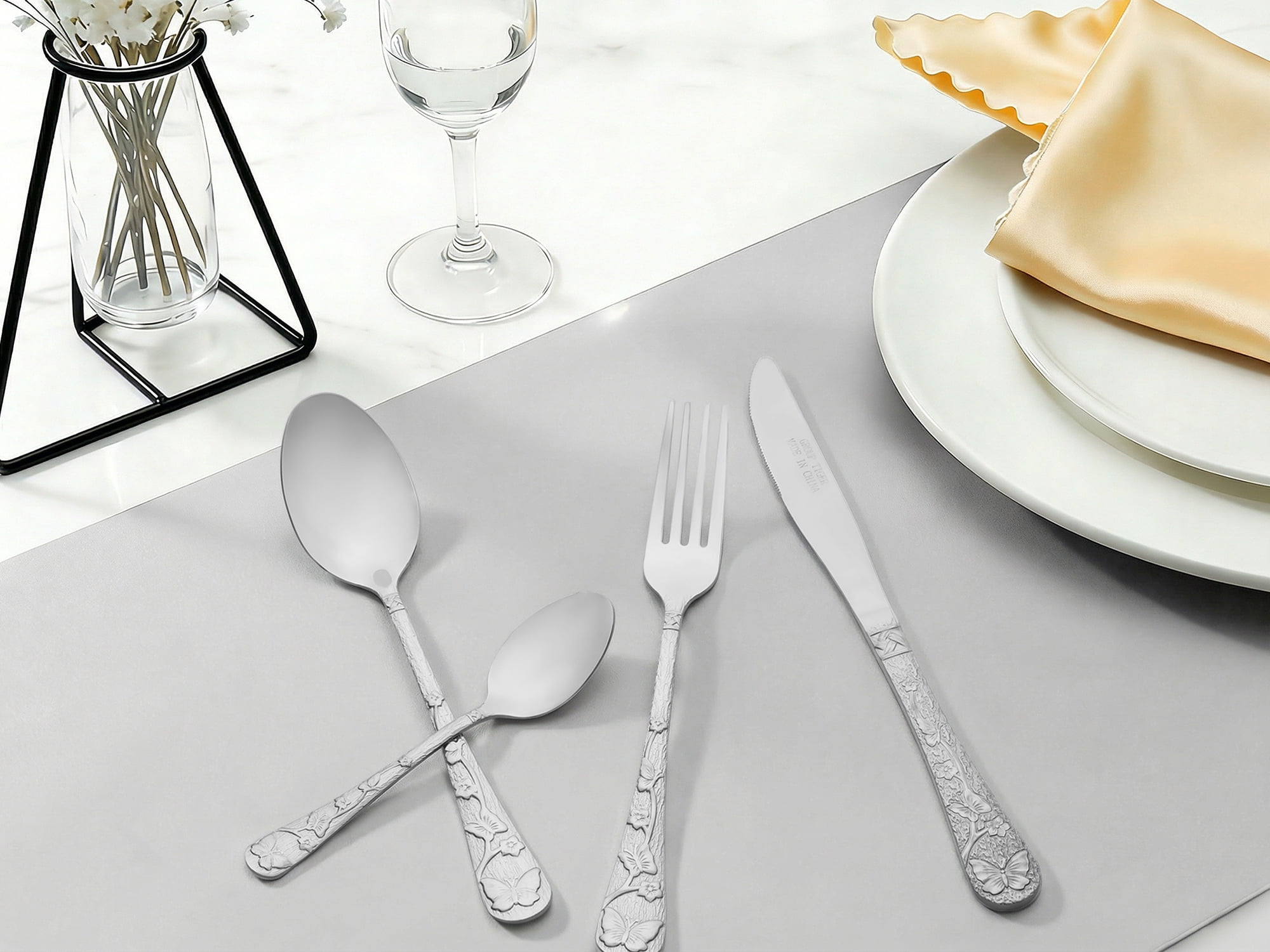Unique Bargains 4 Piece Silverware Set Stainless Steel Floral Flatware Silver 4