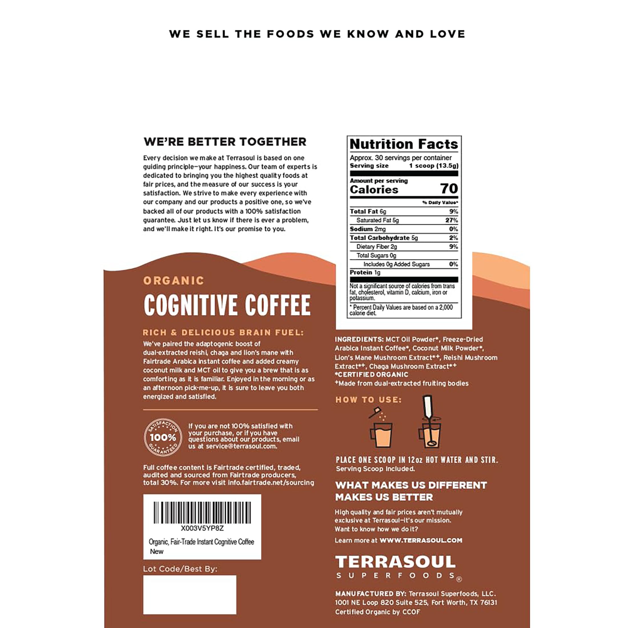 Terrasoul Superfoods Organic Cognitive Mushroom Coffee, 30 Servings, 14.29 Oz, Energize Your Morning and Boost Focus with Powerful Mushrooms