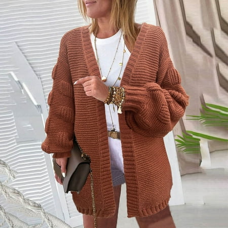 

Women Sweaters Comfy Elegant Cozy Knit Solid Color Bell Sleeves Cardigan Brown L
