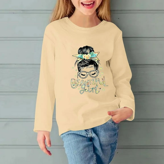 SGFCWSX Long Sleeve Shirts for Kids Girls Beautiful Girl Print Tops Fall T-Shirts Beige Size 11 Years