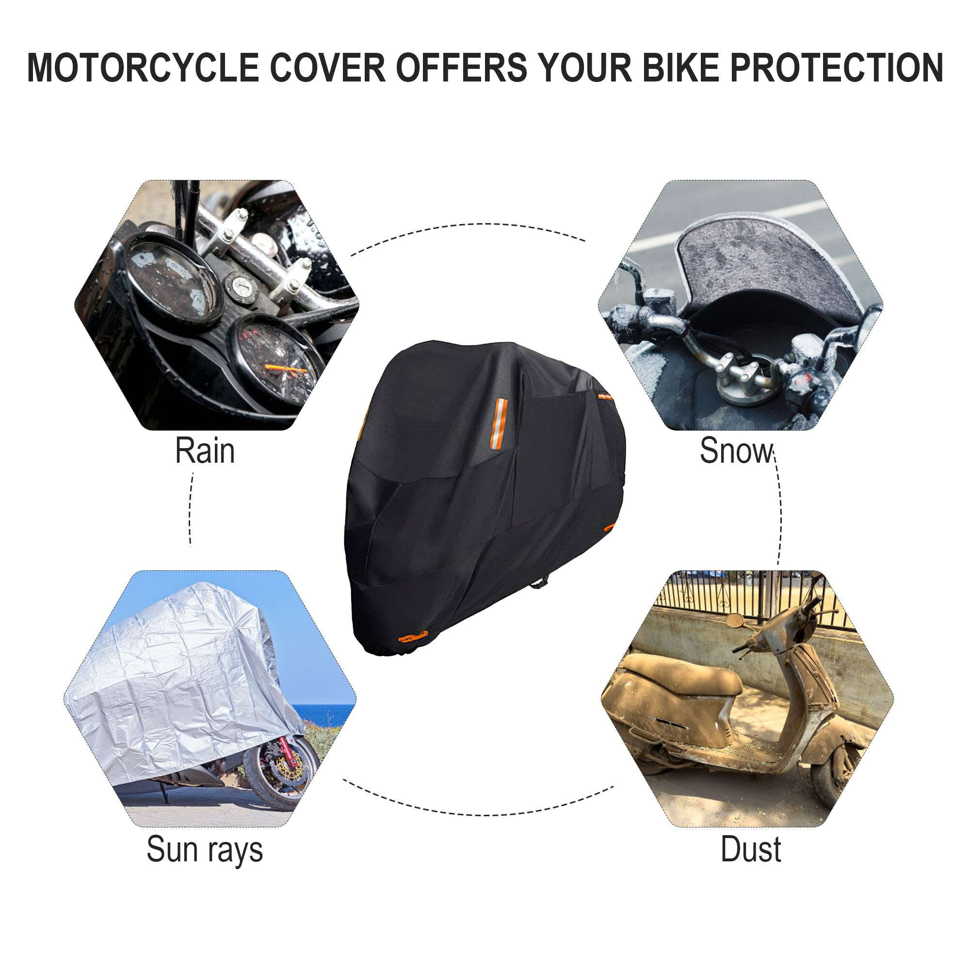 Deago Motorcycle Cover Heavy Duty All Season Waterproof Outdoor Sun Protection Night Reflective with Lock-Holes & Storage Bag Fits up to 90.6" Motorbike Vehicle