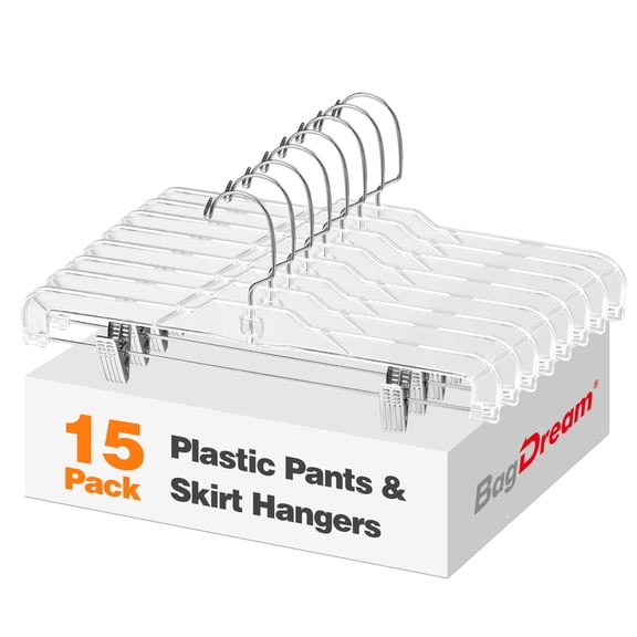 BagDream Clear Plastic Skirt Hangers with Clips, Pants Hangers 360-Rotating Swivel Hook, Clip Hangers for Pants, Trousers, Skirts, 15 Pack, 14 Inch