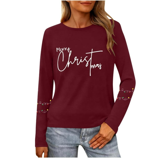 Birdeem T-Shirt à Manches Longues à Col Rond Imprimé « Merry Noël » pour Femmes, Haut de Travail