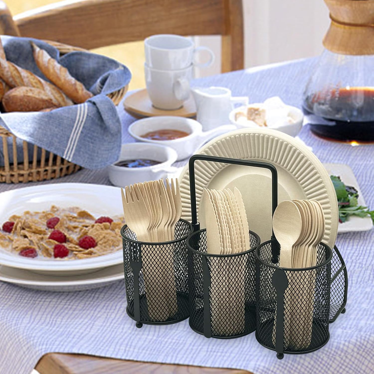 Utensil Caddy Silverware Holder - 4 Compartment Metal Mesh Cutlery Fork Spoon Napkin Plate Organizer Flatware Storage Basket Party Kitchen Countertop Buffet Picnic Camping Outdoor BBQ Silver