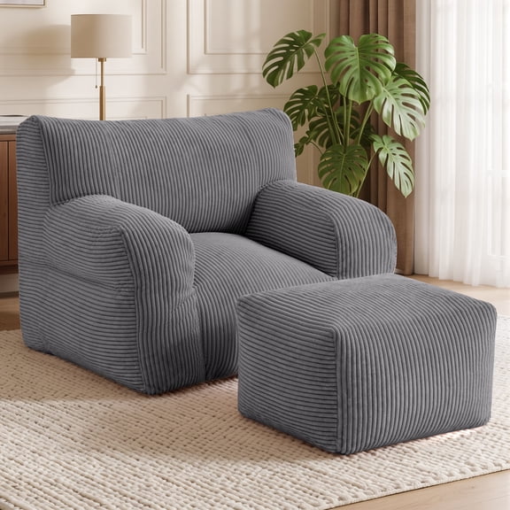 GEEYOO Bean Bag Chair for Adults & Teens,Corduroy Bean Bag Couch for Bedroom with Ottoman & Armrests for Living Room,Dark Grey