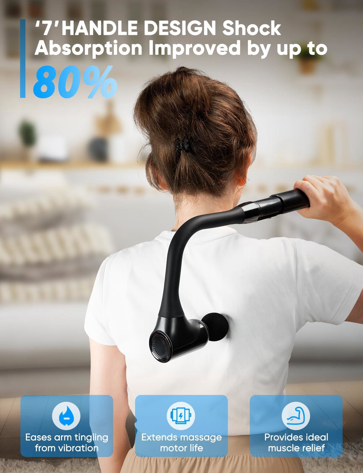 LumixPro Extended Handle Deep Tissue Massage Gun, 4 Heads, 4 Speeds Percussion Muscle Massager for Back Neck Shoulder Pain Relief, Home Gym Use