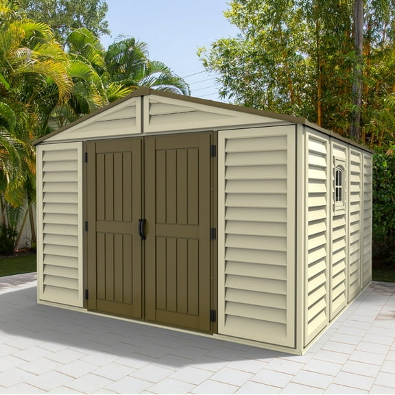 DuraMax 10.5ft x 10.5 ft Woodbridge Plus Plastic Vinyl Shed w/ Foundation Kit & Window