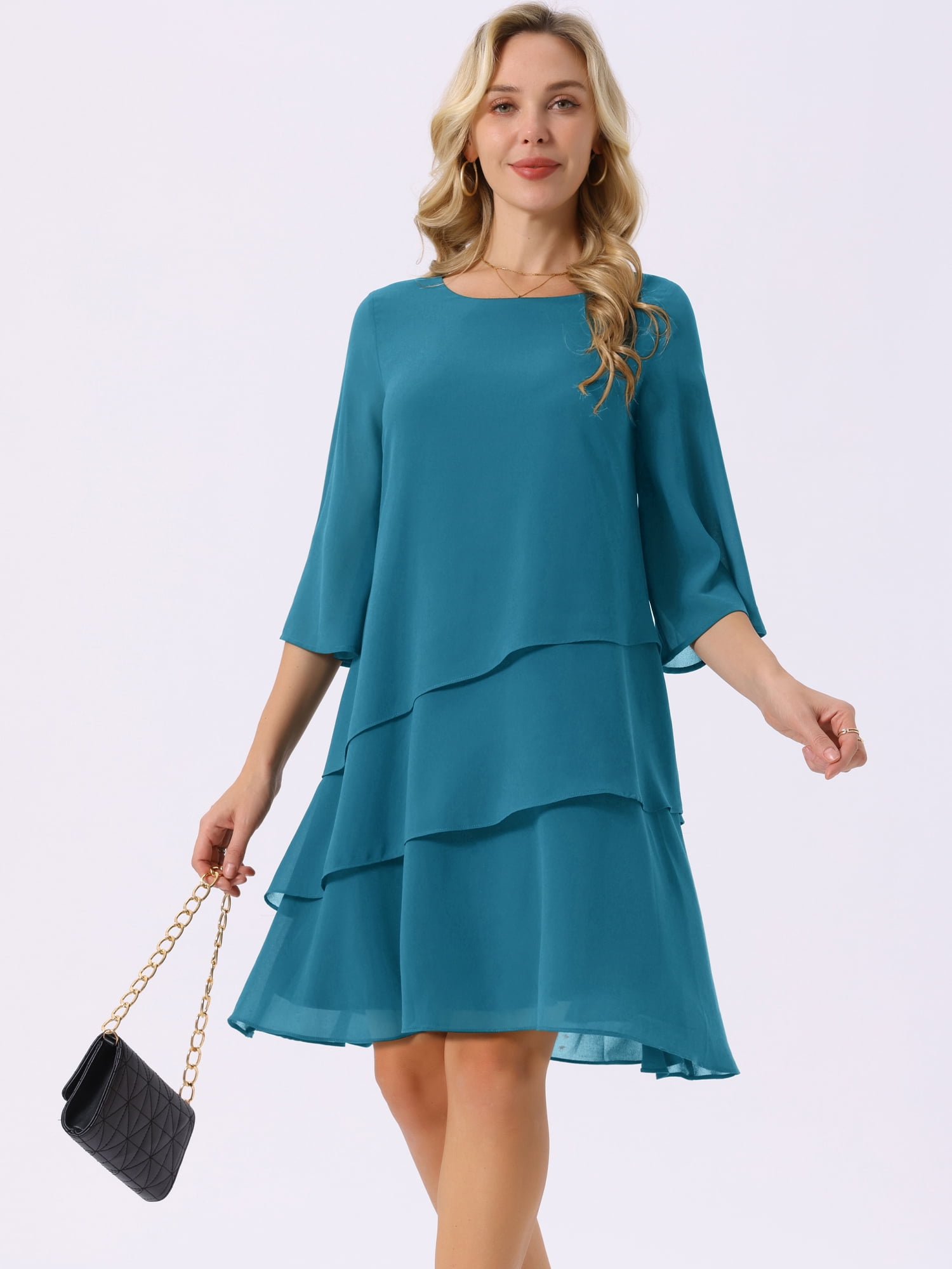 DARING DIVA Chiffon 3/4 Sleeve Tiered Layered Flowy Dress L Peacock Green