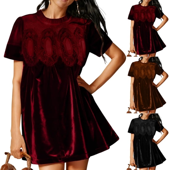Women's Casual Dress Short Sleeve Round Neck Solid Color Classic Fit Knee Length Dress for Spring Fall Party Daily Wear,Black,L