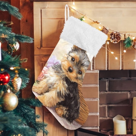 RMDQTR Christmas Stockings for Xmas Gifts - Large Size Festive Holiday Decor for Family Cute Baby Yorkshire Terrier Pattern