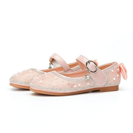 

Girls Mary Jane Leather Shoes With Rhinestones & Bow Decoration