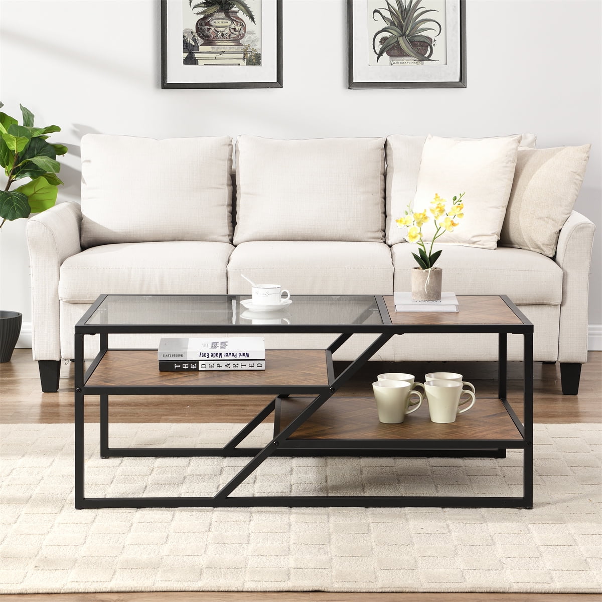 Rectangular Coffee Table, Tempered Glass Side Table with Metal Frame, Industrial Style Living